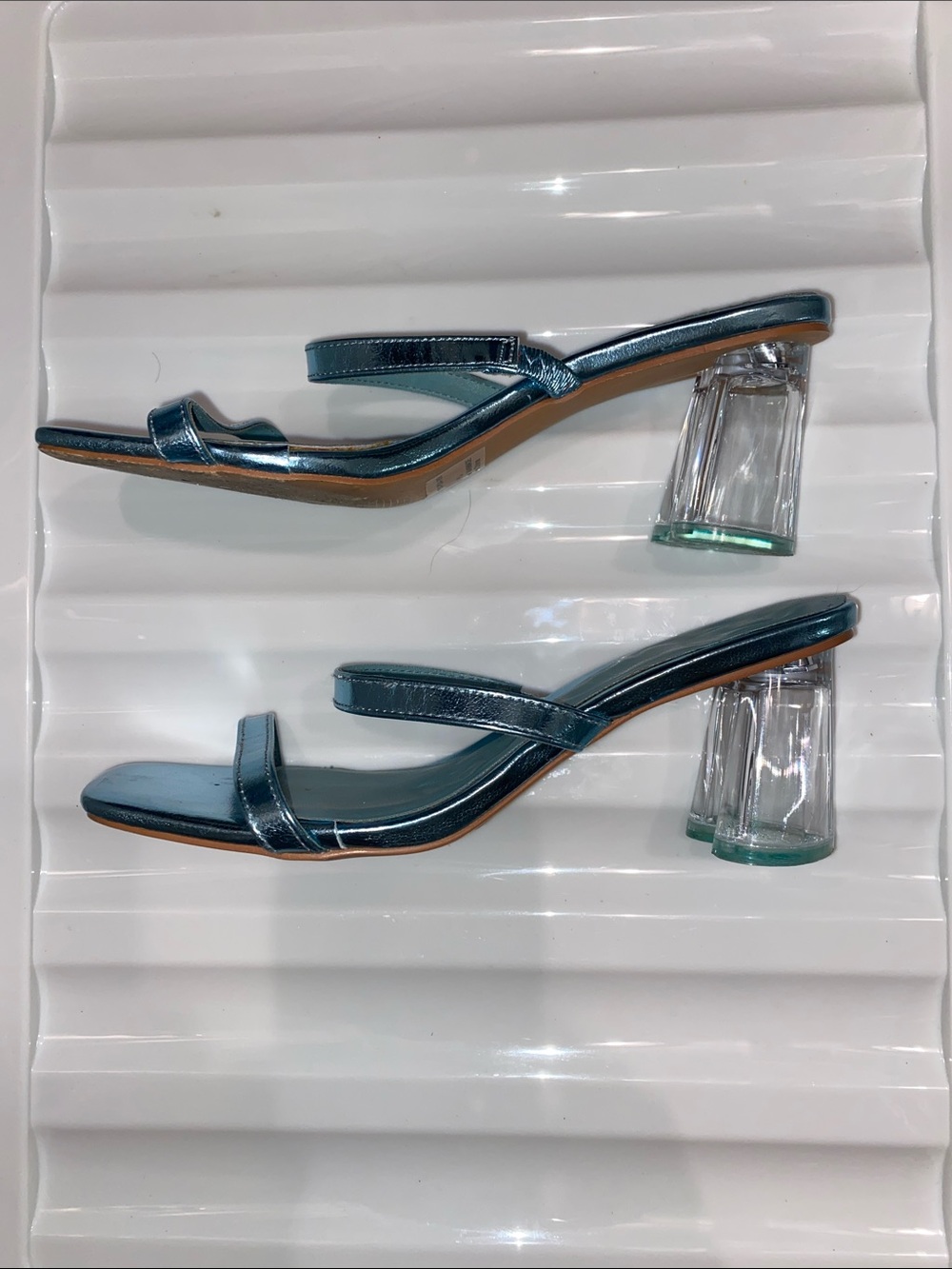 Target Metallic Teal Strappy Mule Sandals with Clear Block Heel